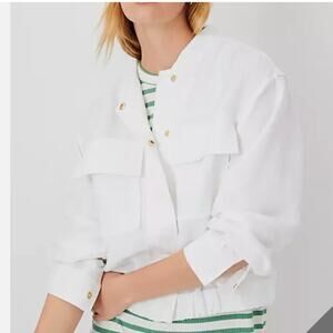 NWOT Ann Taylor Weekend White Patch Pocket LINEN BLEND Bomber Jacket L